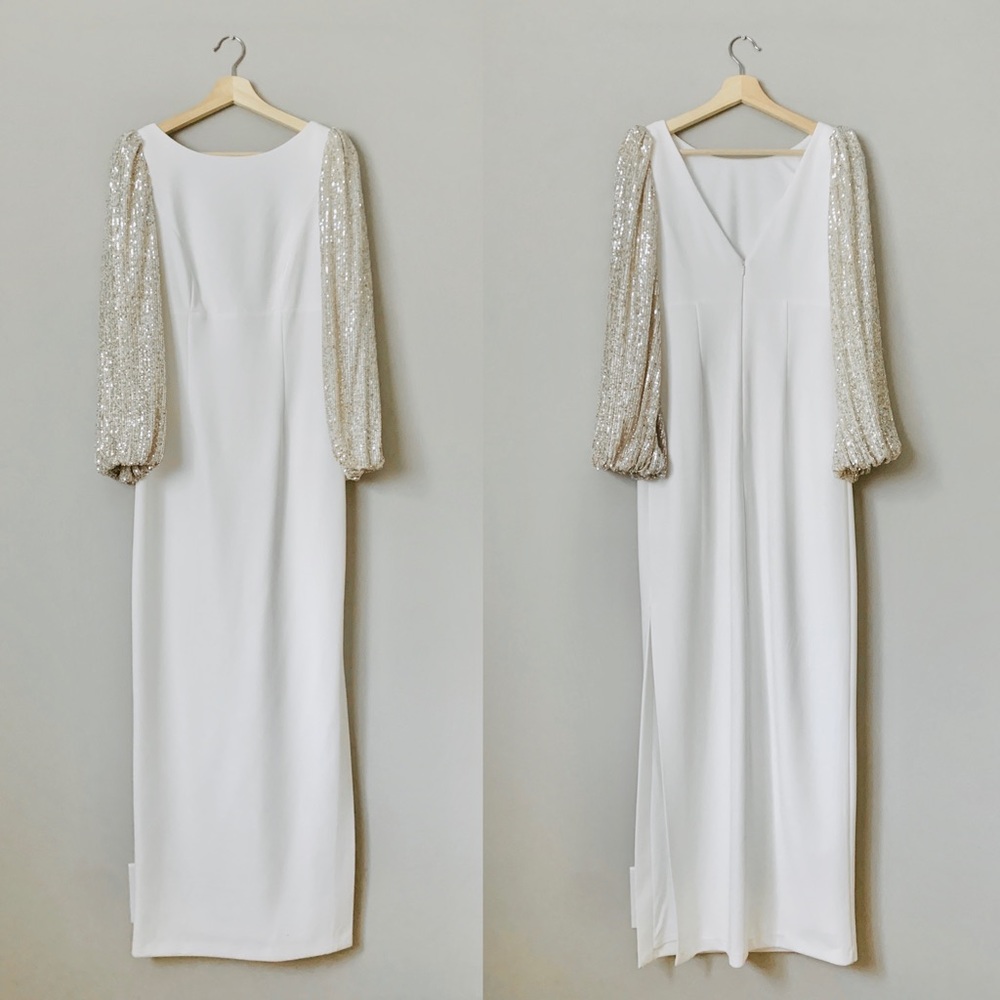 NWT {Eliza J} Sequin Balloon Sleeve Crepe Gown - Picture 8 of 10